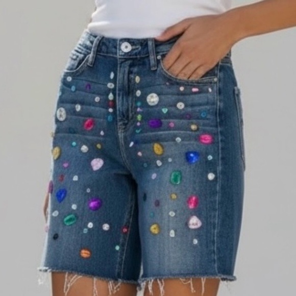 NWOT Reworked Jeweled Just Black Denim Jorts | Size 27 - Picture 4 of 6